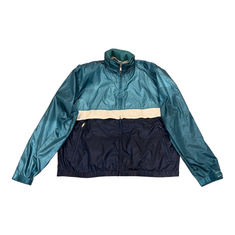 LL Bean Vintage Windbreaker Jacket Mens Large Teal Navy Colorblock Packable Hood